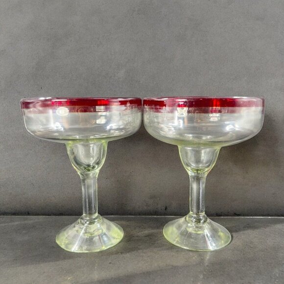 Hand Blown Clear Margarita Drinking Glasses Set 2 With Red Edges Hand Made Glass - Picture 1 of 11
